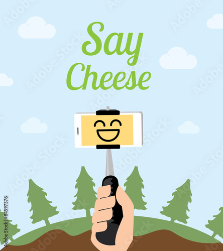 Vector : Hand holding monopod selfie stick at tree on mountain w