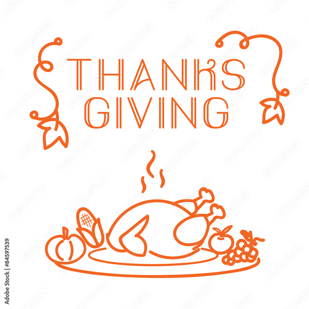 Thanks Giving label with turkey and fruit icon on white backgrou Thanks Giving label with turkey and fruit icon on white backgrou