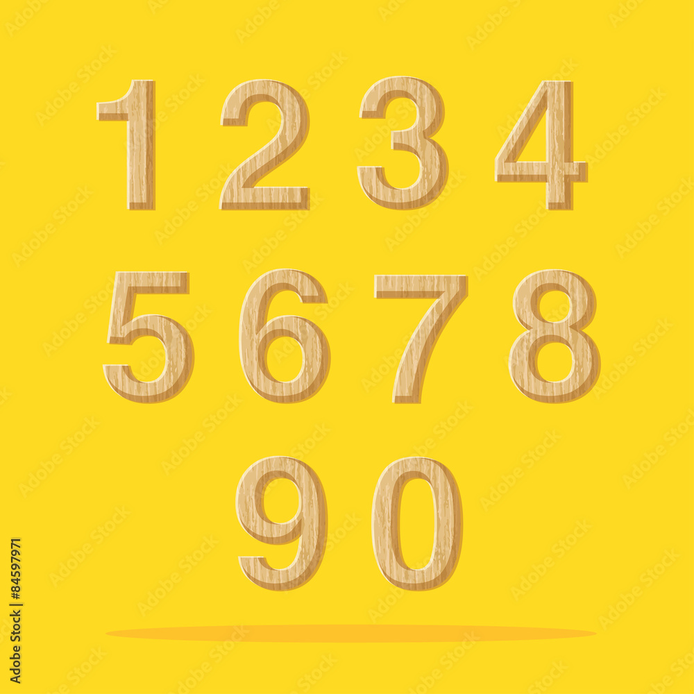 Vector : Numbers with wooden texture set on yellow background Vector : Numbers with wooden texture set on yellow background
