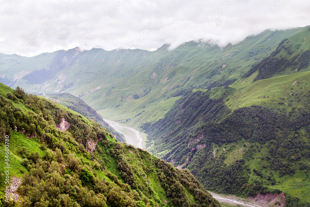 Valley of the mountain river Belaya Aragva. Caucasian mountains.