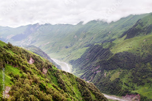 Valley of the mountain river Belaya Aragva. Caucasian mountains.