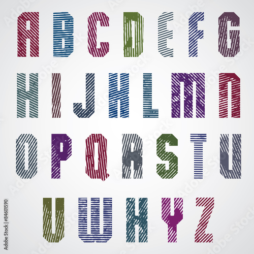 Grunge colorful rubbed upper case letters, decorative font on wh