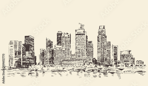 Singapore Big City Architecture Vintage Engraved