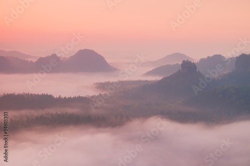 Dreamy misty landscape. Deep valley is full of colorful fog 