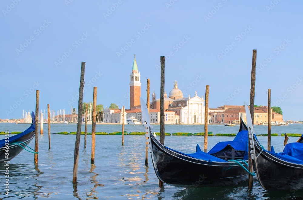 San Giorgio Church with docked gondolas in foreground