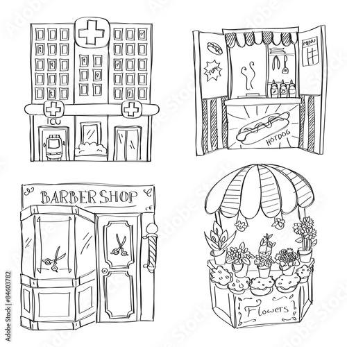 hospital - hotdog booth - barber shop - flower shop