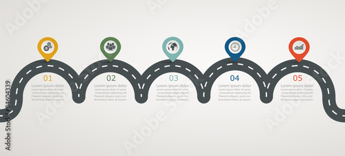 Road infographic timeline with icons, stepwise horizontal struct