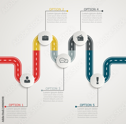 Colorful road infographic timeline with icons, stepwise horizont