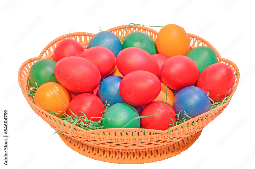 Colored easter romanian traditional eggs in a brown basket Colored easter romanian traditional eggs in a brown basket