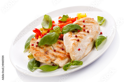 Grilled chicken fillets, rice and vegetables 