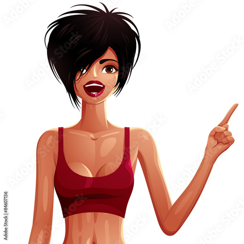 Attractive dark skin girl, colorful illustration. Sexy tanned sp