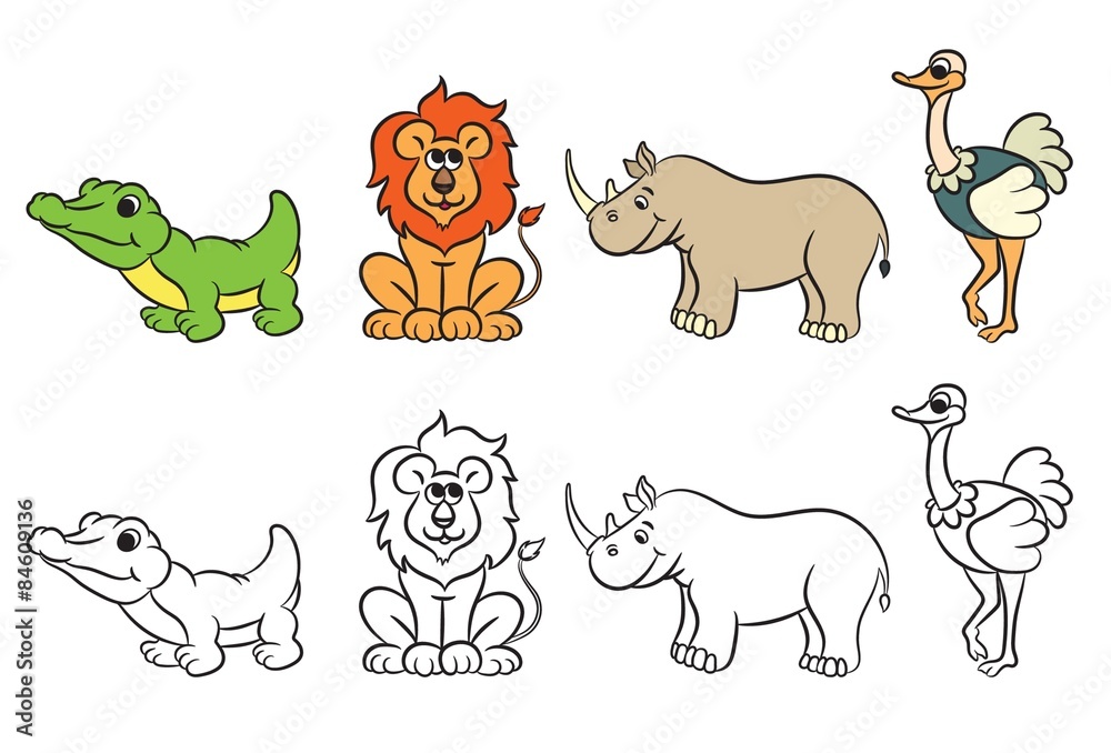 Cute zoo animals collection. Coloring book. Vector illustration.
