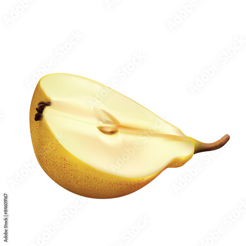 Realistic half ripe yellow pear on a white background 