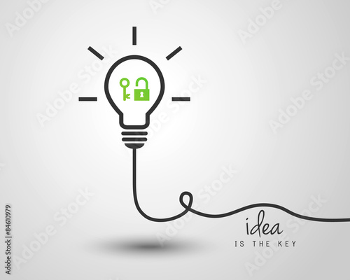 Shiny lightbulb with key and lock as idea concept