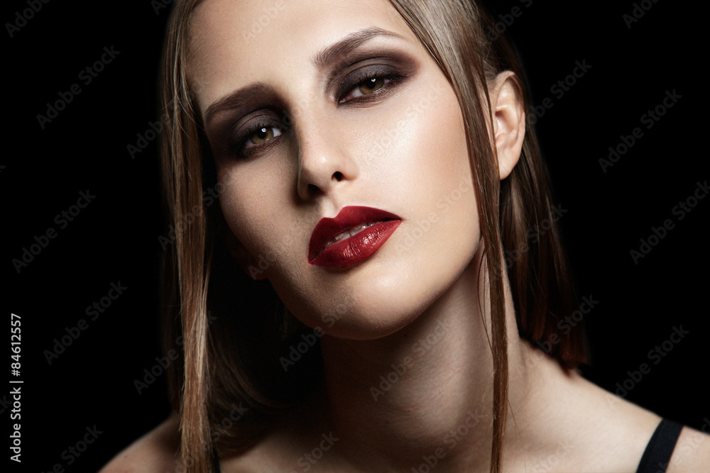 beauty woman with braaces and evening makeup