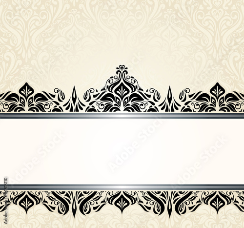 Ecru pale vintage invitation design with black ornaments