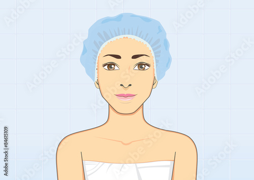 Healthy woman wearing a shower cap for protect wet hair with bath