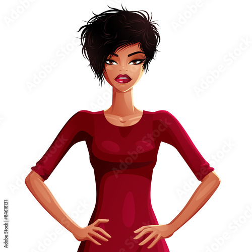 Beautiful tanned woman, upper body portrait. Colorful drawing of