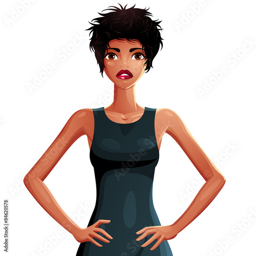 Beautiful tanned woman with her hands on a waist, upper body por