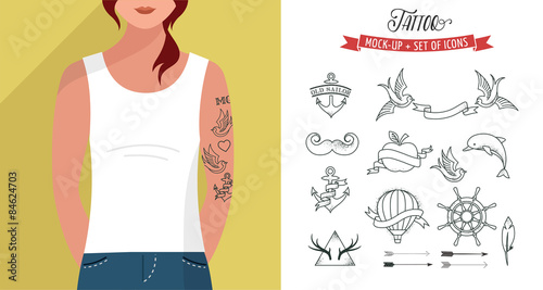 Girl with t-shirt and tattoos set, vector flat template