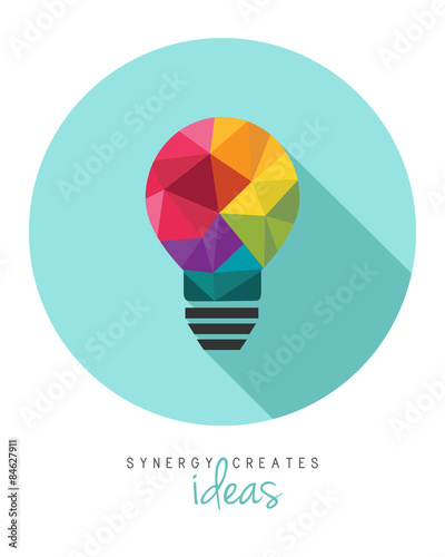 Colorful low poly lightbulb as synergy and teamwork concept