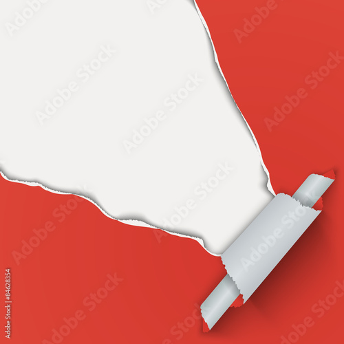 Red background with torn paper from the corner.