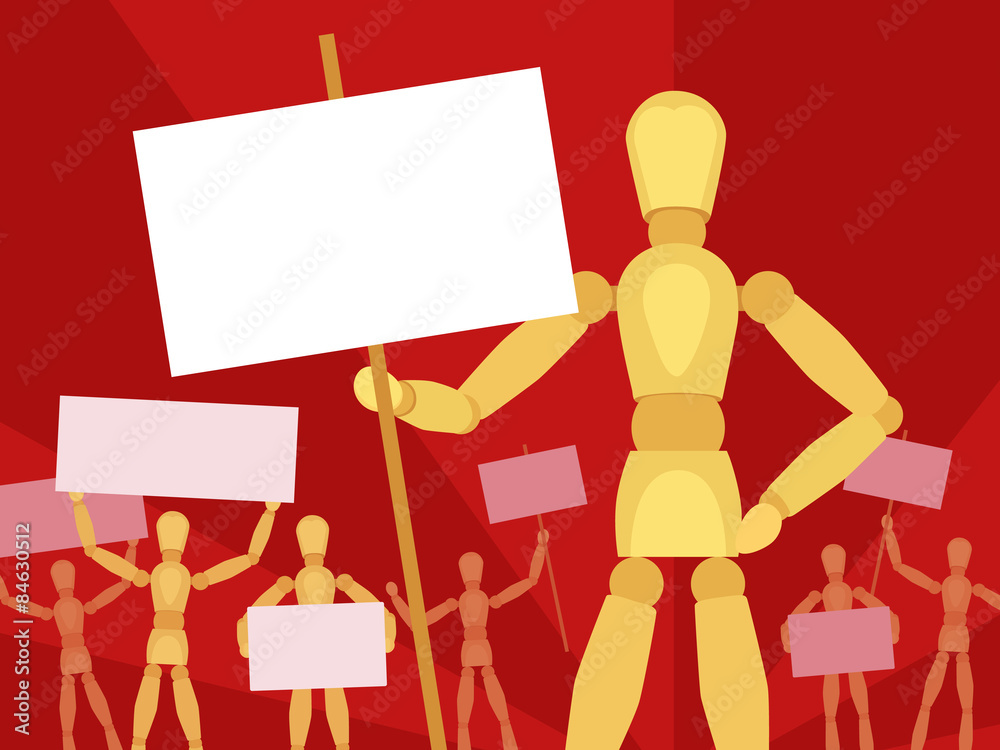 Wooden mannequins with the blank white signs