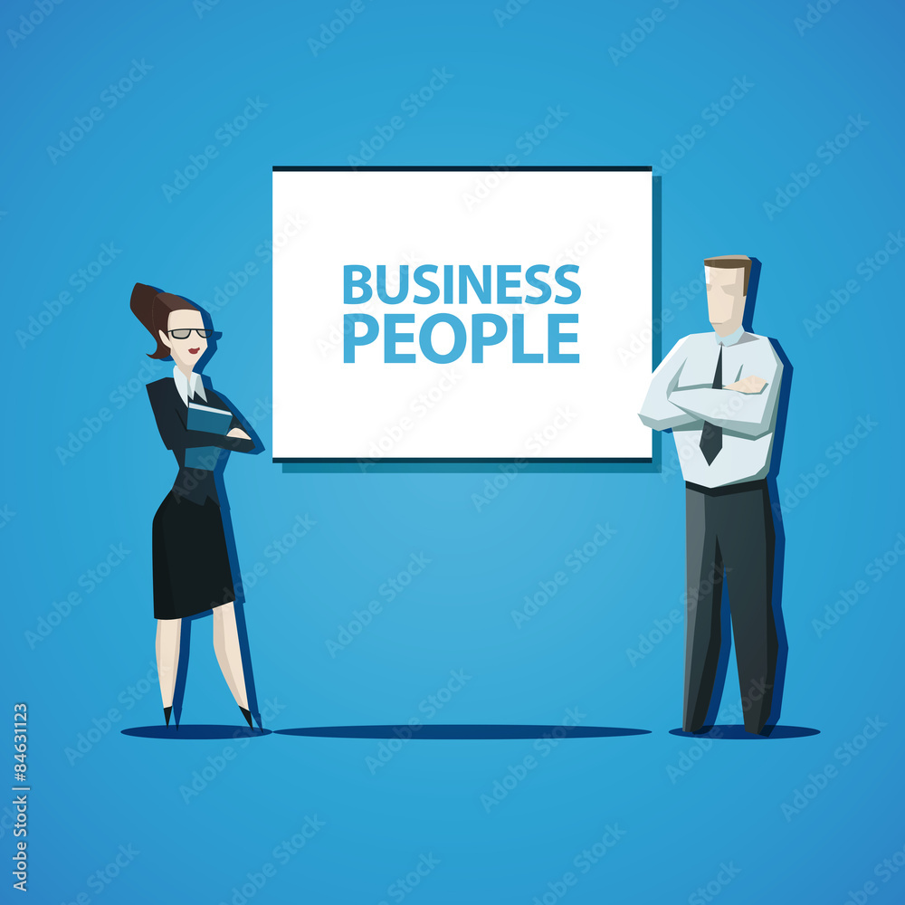 Vector business people concept. Businessman and businesswoman standing in front of the flip chart Vector business people concept. Businessman and businesswoman standing in front of the flip chart