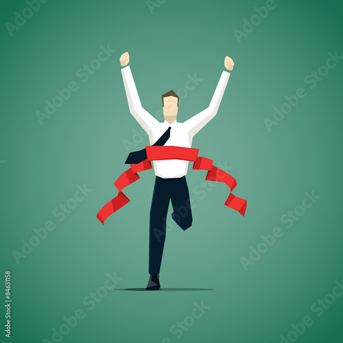 Businessman crossing finish line, he is won a competition