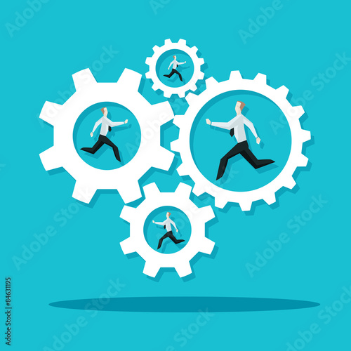 Businessman is running in the cogwheel machine. Company concept.