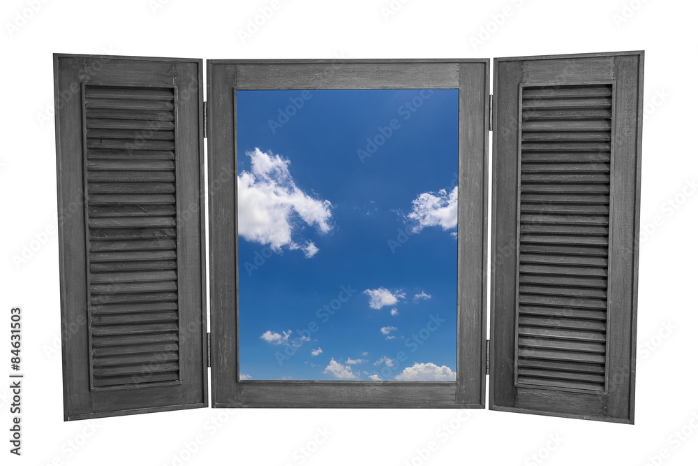 Fototapeta premium Opened Wooden Window to View of Blue Sky Isolated on White Backg