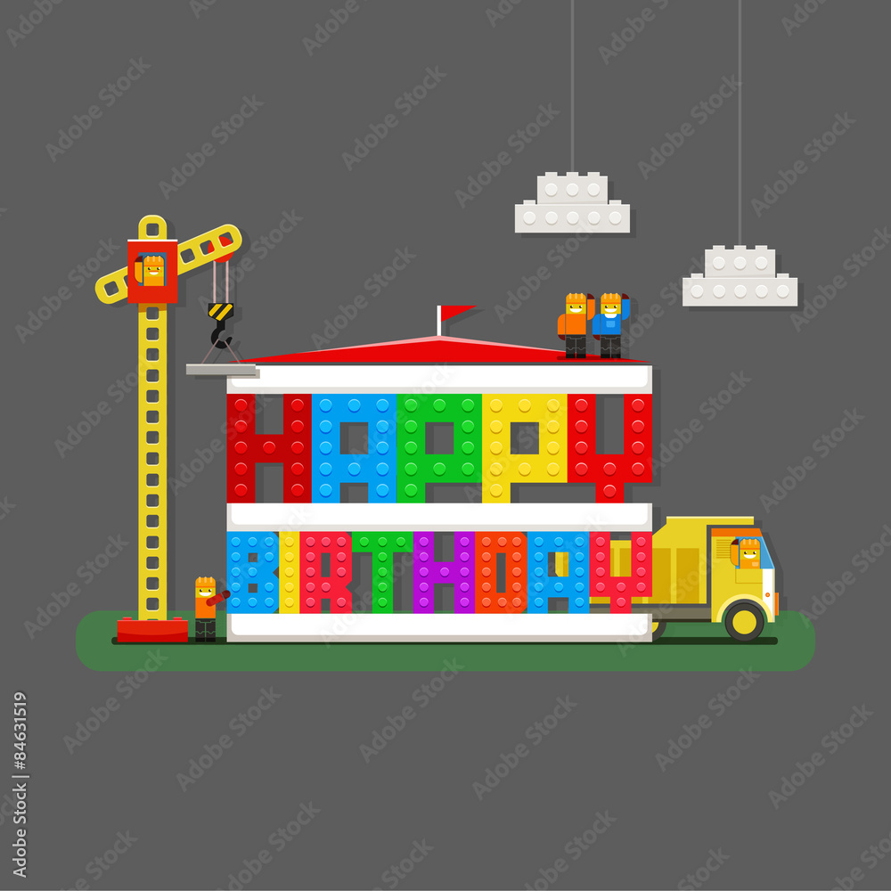 Happy Birthday greeting card with builders, truck and builder cr