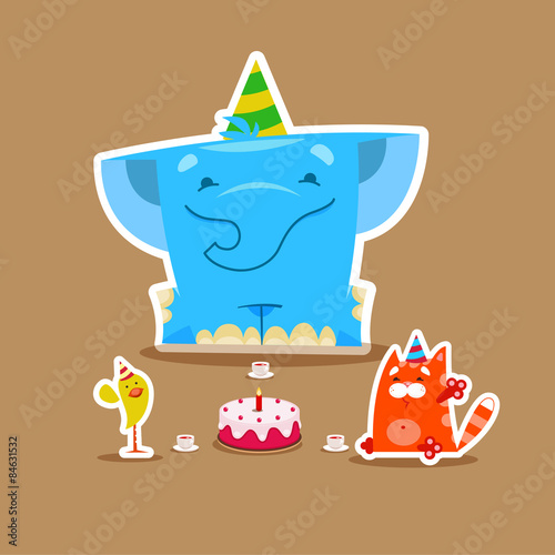 Happy Birthday party with little cute animals elephant, cat and