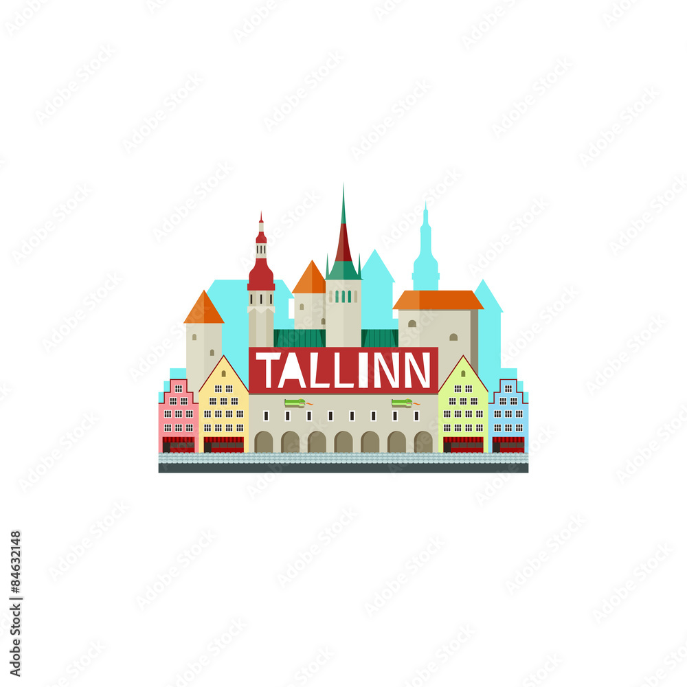Vector illustration of Tallinn Estonia with city hall and cute s Vector illustration of Tallinn Estonia with city hall and cute s