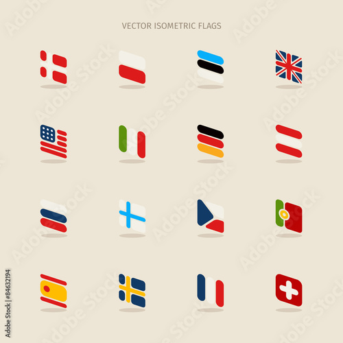 Vector isometric flags with rounded corners in simple style