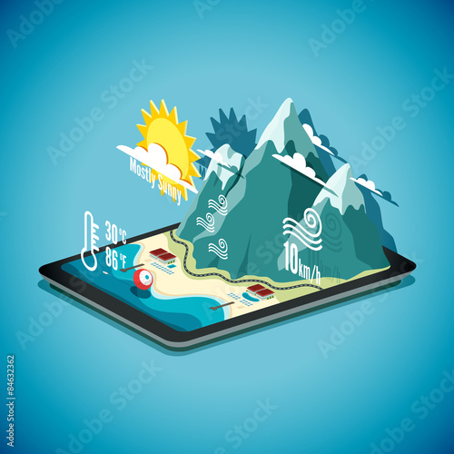 Vector isometric concept of weather forecast program on tablet P