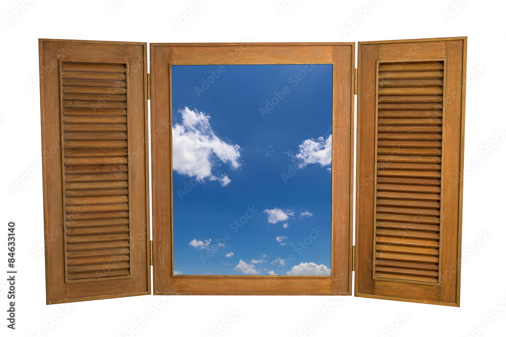 Opened Wooden Window to View of Blue Sky Isolated on White Backg Opened Wooden Window to View of Blue Sky Isolated on White Backg