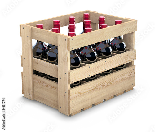 Wine bottles in a wooden crate photo