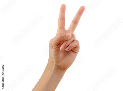 Girl hand showing two fingers isolated on a white background