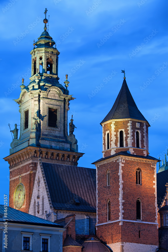 Towers of the Wawel Royal Cathedral in Krakow by Night