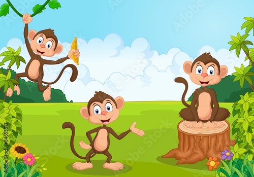 Fototapeta Naklejka Na Ścianę i Meble -  Cartoon illustration monkey playing in the forest