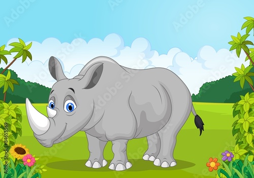 Cartoon happy rhinoceros in the jungle 