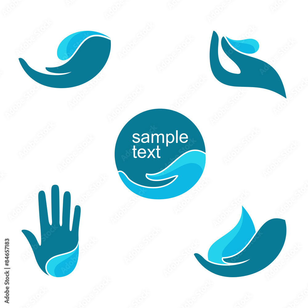 Fototapeta premium Set of emblems and labels with human hands and water drops for natural beauty, health care and ecology design