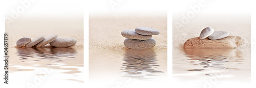 Zen sand and stone triptych with water reflections