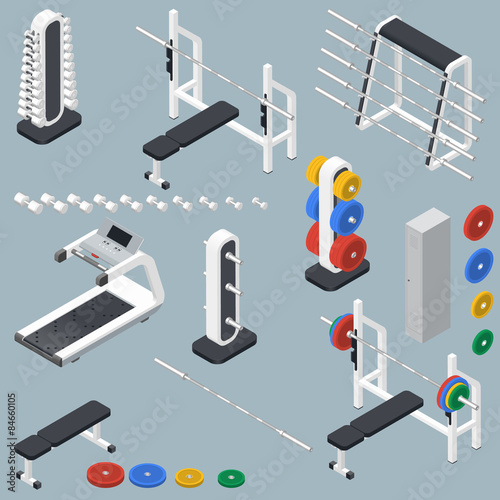 Athletic accessories for fitness center isometric icons set