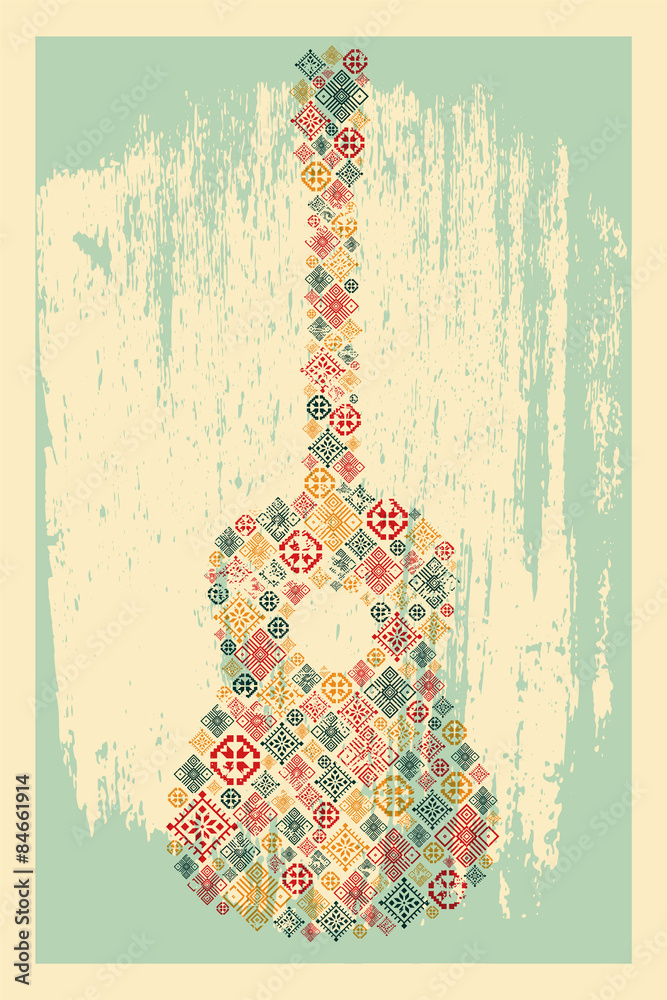 Naklejka premium Guitar concept made of folk ornament. Vector illustration.