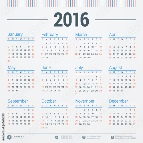 Calendar 2016 Vector Design Template. Week Starts Sunday