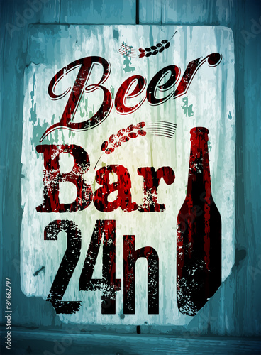 Vintage grunge style beer bar poster on wood background.