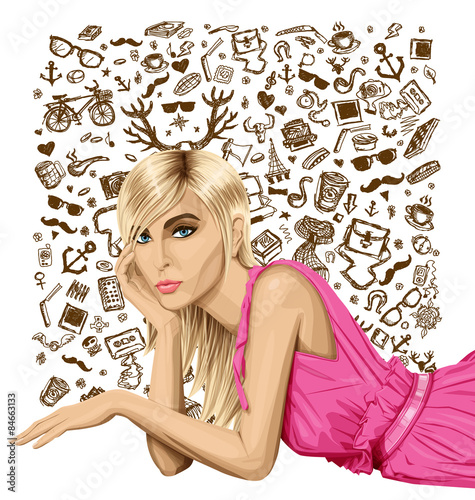 Blonde in pink lies on a floor