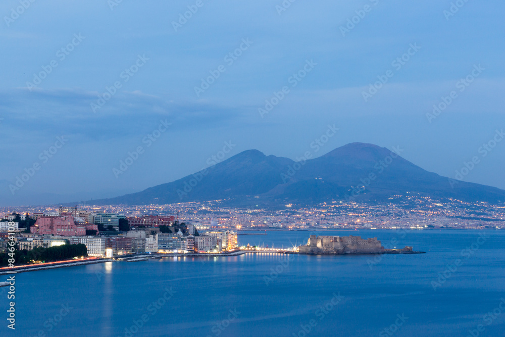 Naples, Italy, view of the bay and Vesuvius Volcano by night, from Posillipo